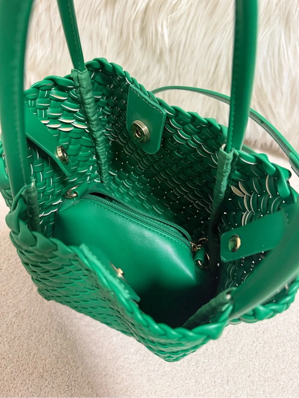 Anthropologie Bright Green Woven Tote with Matching Pouch